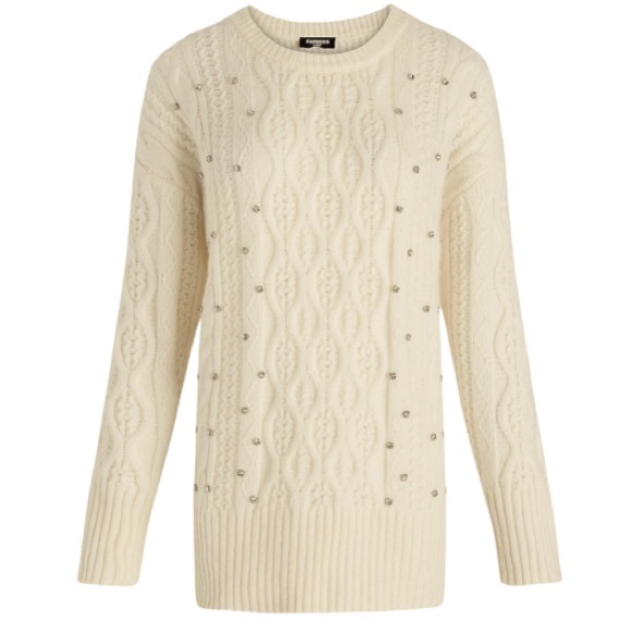 NWT Express Rhinestone Embellished Drop Shoulder Cableknit Tunic Sweater Ivory S - Picture 2 of 12